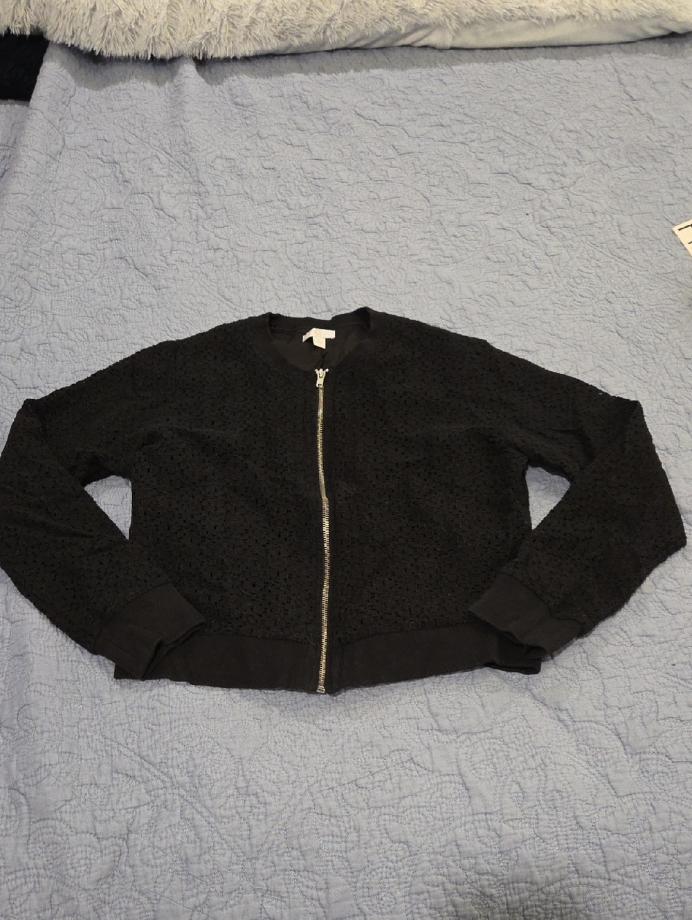 Charming Charlie Black Eyelet Lace Zip Bomber Jacket Size L!